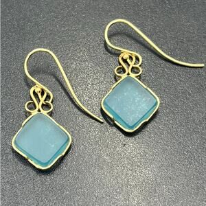 14K Yellow Gold Aqua Blue Sea Glass Dangle Earrings Beach Glass Scrollwork‎